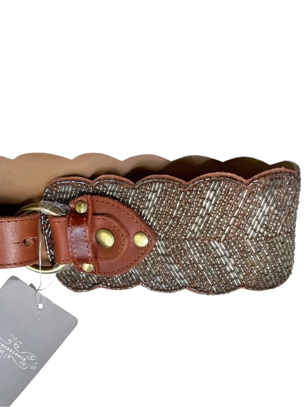 NWT Anthropologie Jasper & Jeera Corset Brown Leather Beaded Boho Belt, Sz Small